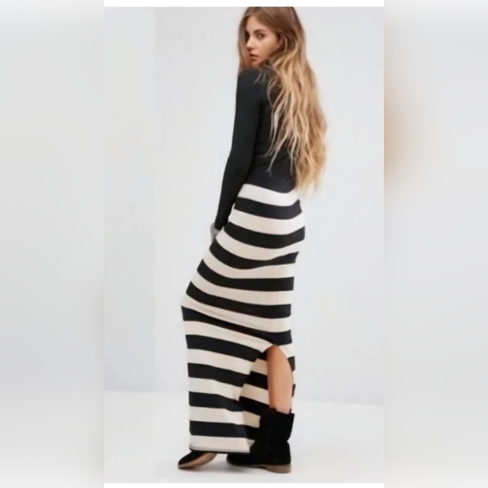 Free People Black and Cream Striped Maxi Skirt